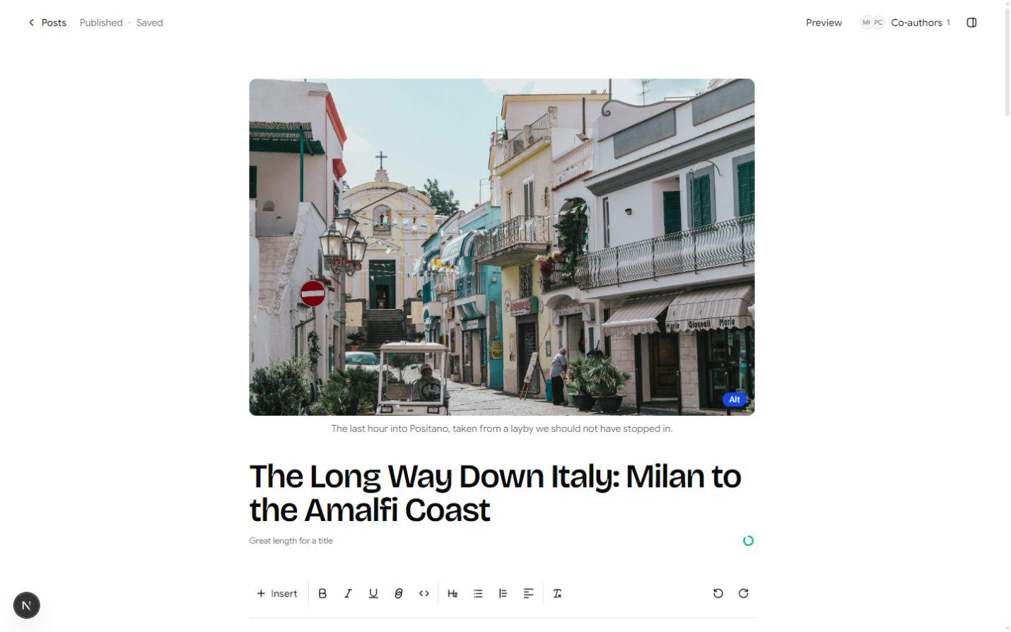 Ploros-Editor mit einer veröffentlichten Italien-Story, ihrem Titelbild, dem Titel und der Werkzeugleiste zum Schreiben